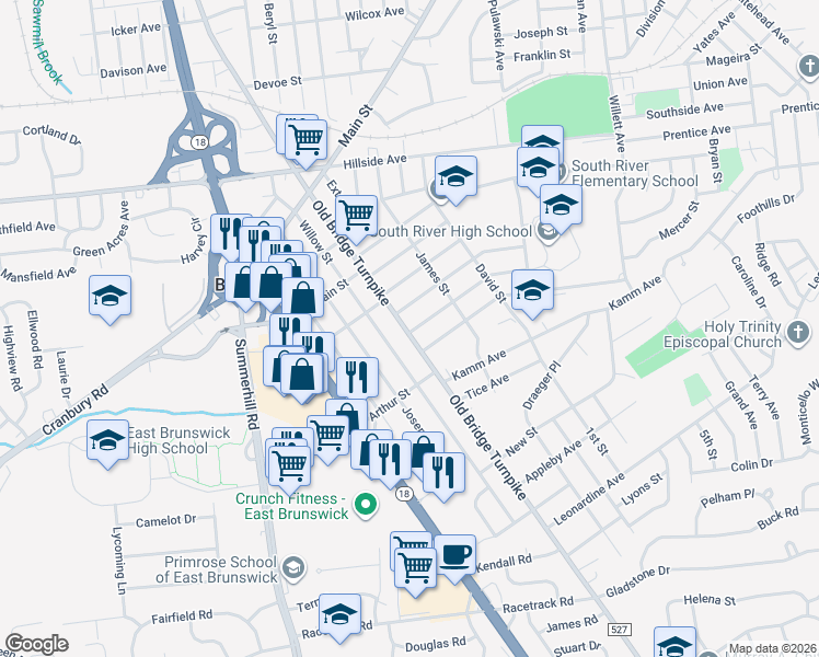 map of restaurants, bars, coffee shops, grocery stores, and more near 174 Old Bridge Turnpike in East Brunswick