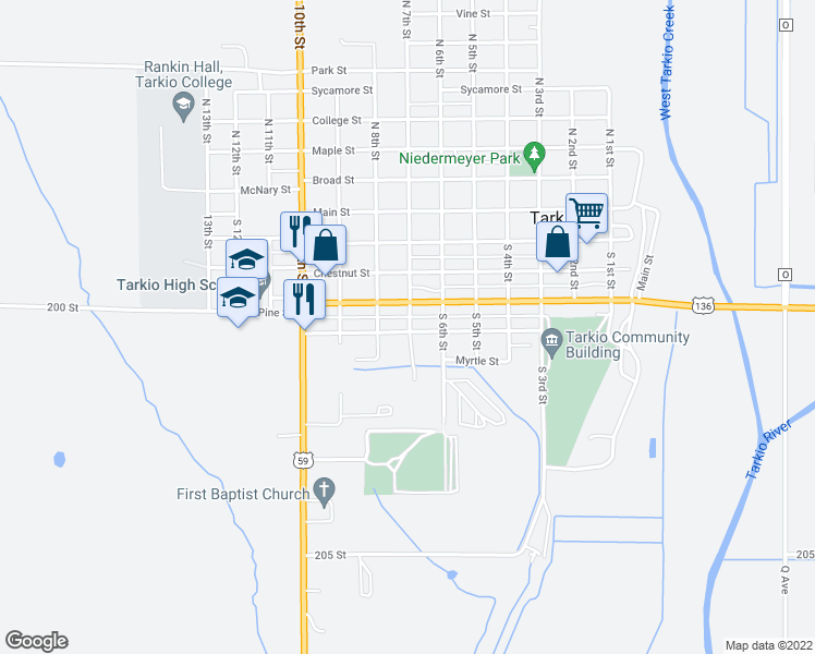 map of restaurants, bars, coffee shops, grocery stores, and more near 708 Pine Street in Tarkio