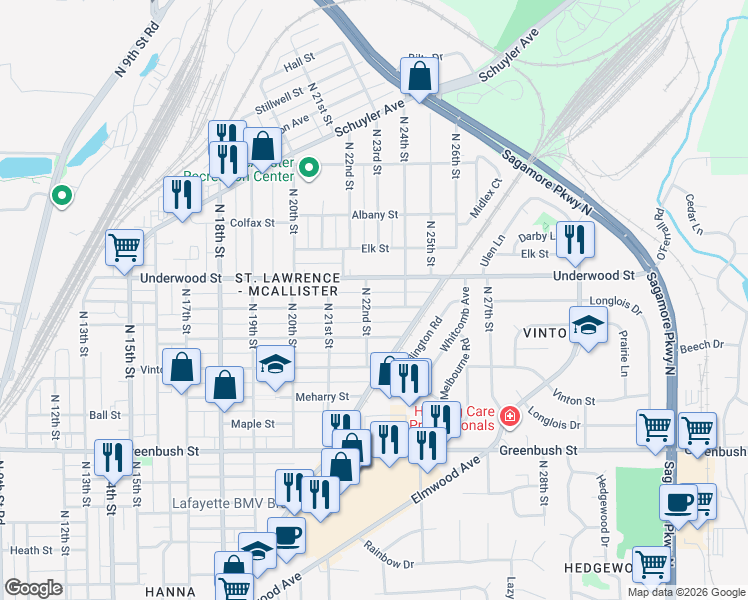 map of restaurants, bars, coffee shops, grocery stores, and more near 2206 Charles Street in Lafayette