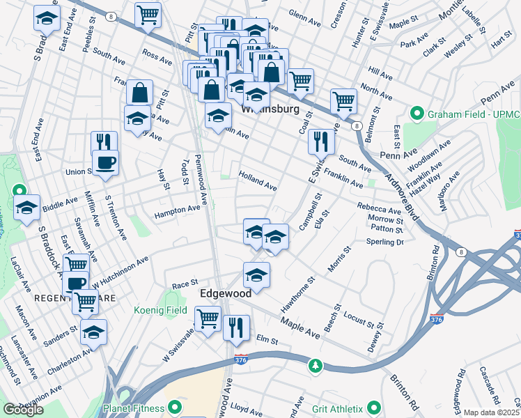 map of restaurants, bars, coffee shops, grocery stores, and more near 521 Coal Street in Pittsburgh