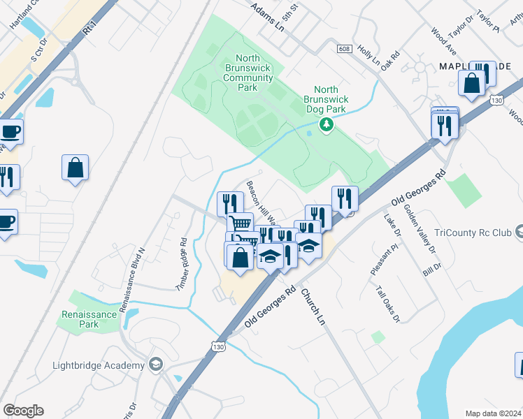 map of restaurants, bars, coffee shops, grocery stores, and more near Beacon Hill Way in North Brunswick