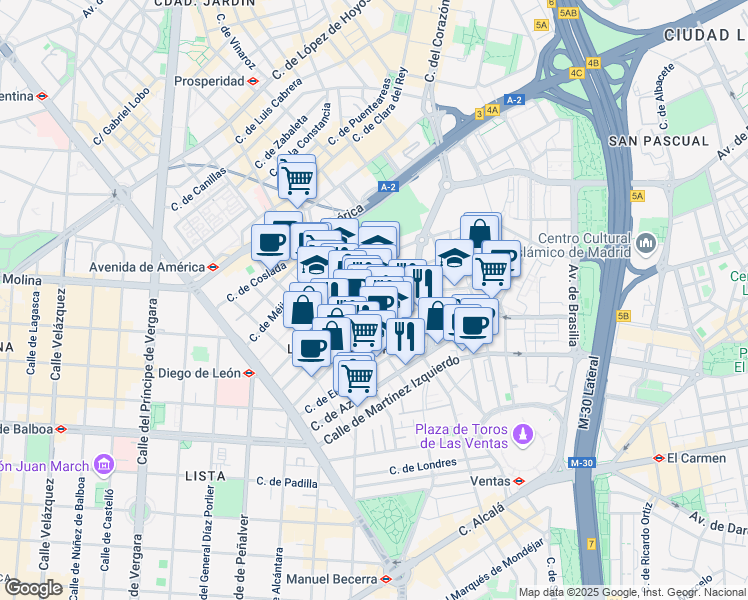 map of restaurants, bars, coffee shops, grocery stores, and more near 25 Calle del Conde de Vilches in Madrid