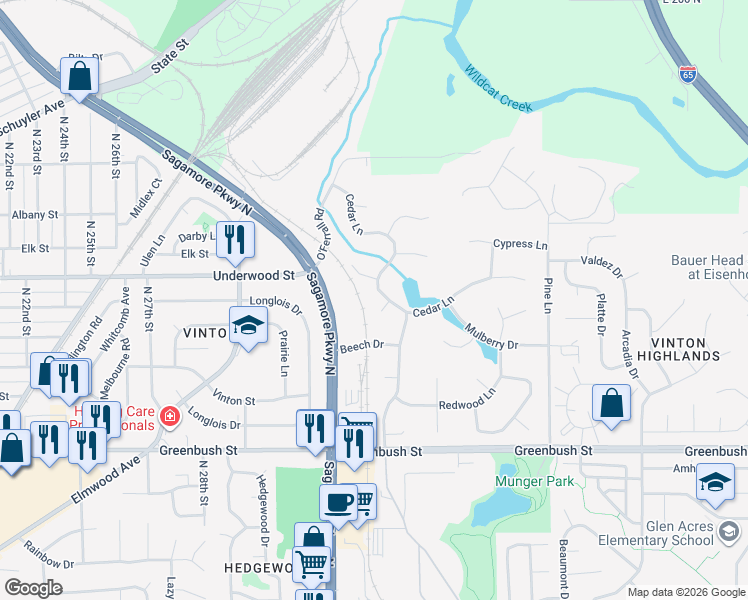 map of restaurants, bars, coffee shops, grocery stores, and more near 3311 Cedar Ln in Lafayette