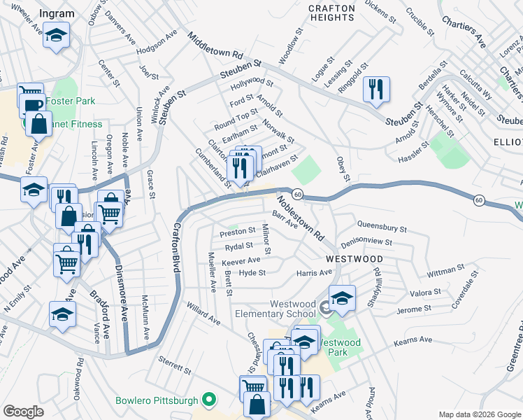 map of restaurants, bars, coffee shops, grocery stores, and more near 1402 Barr Avenue in Pittsburgh