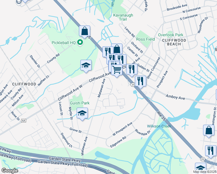 map of restaurants, bars, coffee shops, grocery stores, and more near 324A Matawan Avenue in Aberdeen Township