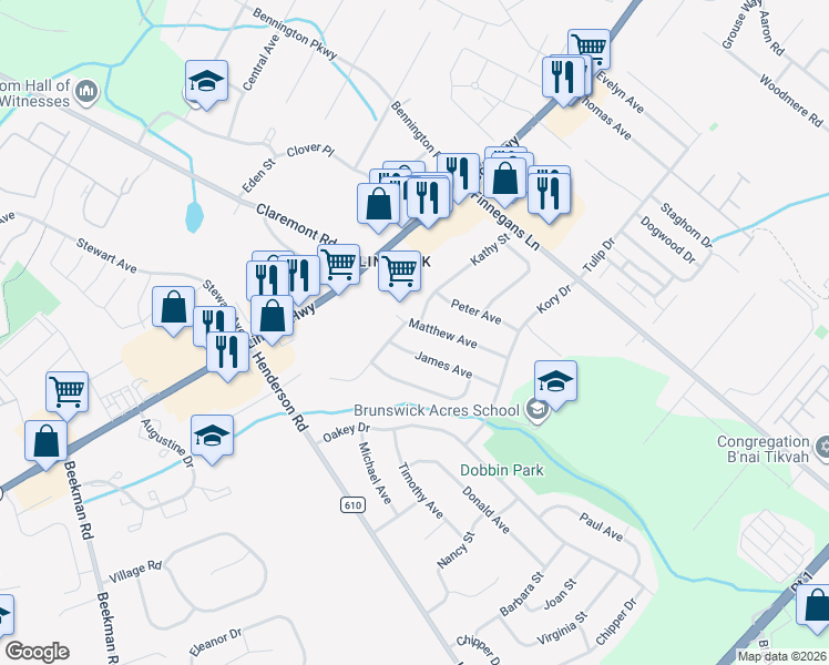 map of restaurants, bars, coffee shops, grocery stores, and more near 26 Matthew Avenue in South Brunswick Township