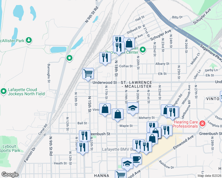 map of restaurants, bars, coffee shops, grocery stores, and more near 1714 Charles Street in Lafayette
