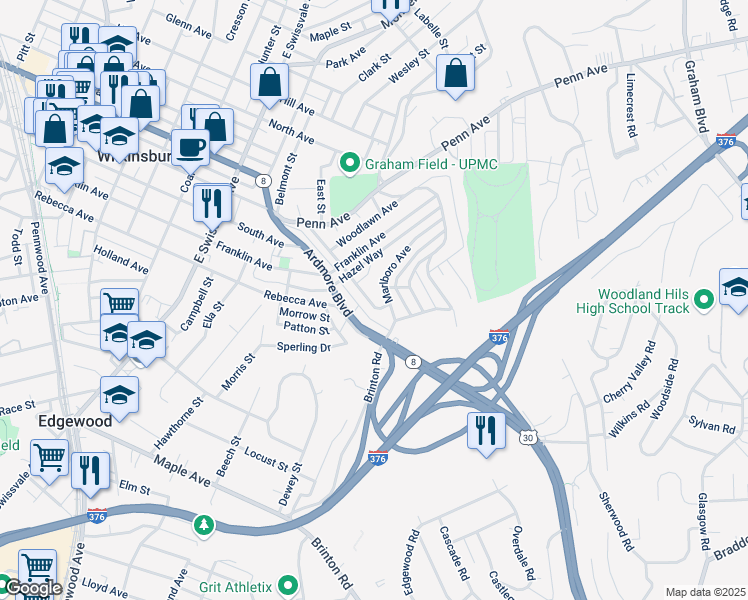 map of restaurants, bars, coffee shops, grocery stores, and more near 530 Midland Street in Pittsburgh