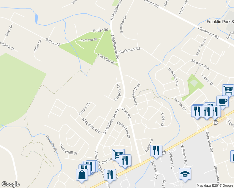map of restaurants, bars, coffee shops, grocery stores, and more near 52 Gregory Lane in Franklin Township