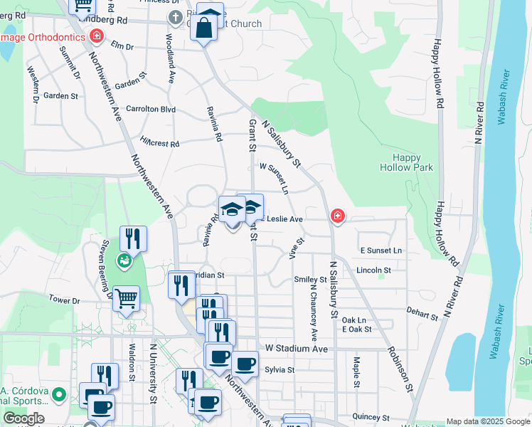 map of restaurants, bars, coffee shops, grocery stores, and more near 334 Leslie Court in West Lafayette