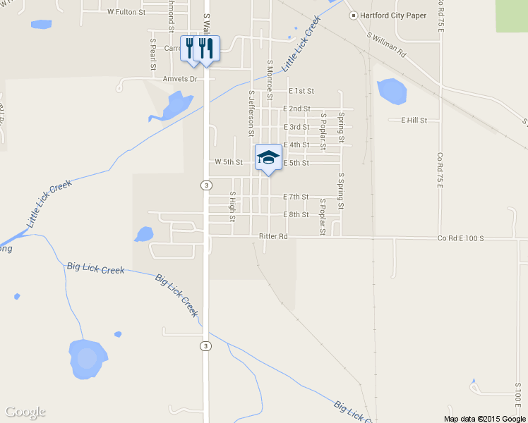 map of restaurants, bars, coffee shops, grocery stores, and more near 1620 S Monroe St in Hartford City