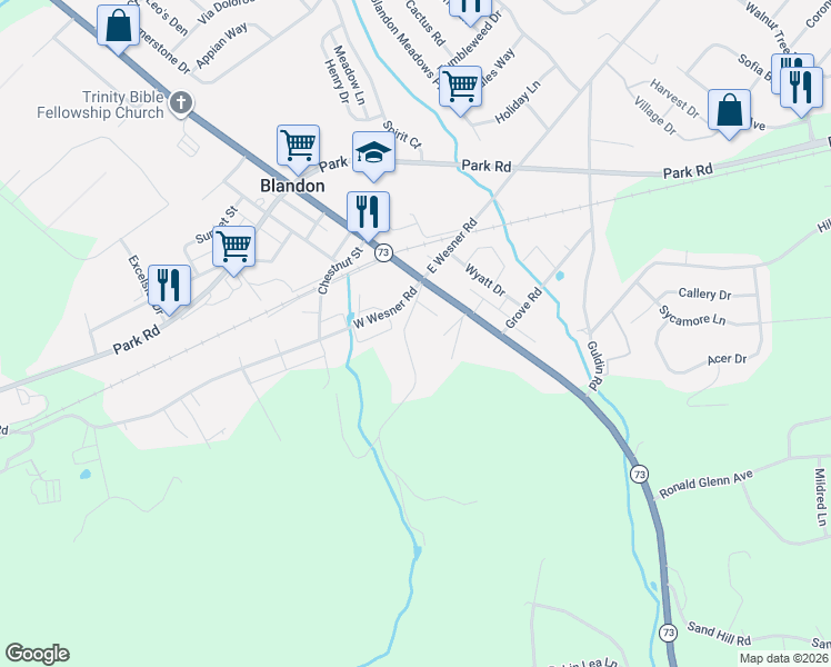map of restaurants, bars, coffee shops, grocery stores, and more near 35 Mountain Spring Road in Blandon