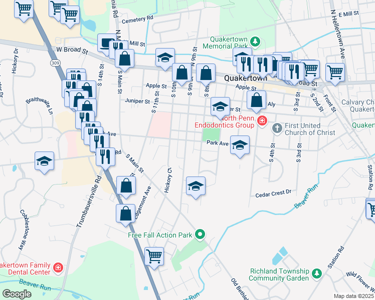 map of restaurants, bars, coffee shops, grocery stores, and more near 209 South 9th Street in Quakertown