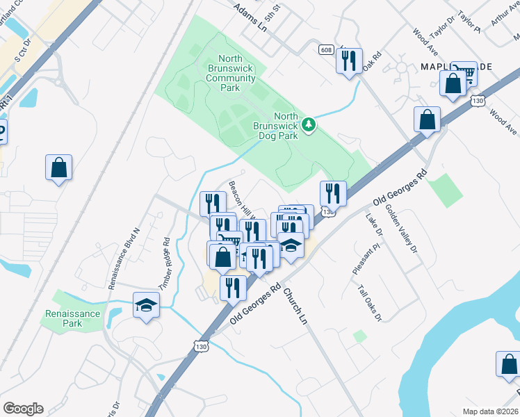 map of restaurants, bars, coffee shops, grocery stores, and more near 1009 Stony Brook Way in North Brunswick