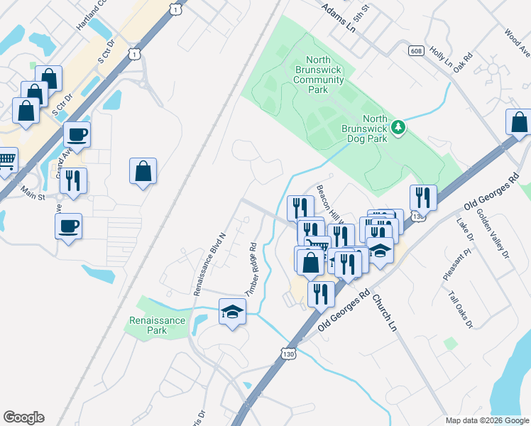 map of restaurants, bars, coffee shops, grocery stores, and more near Renaissance Boulevard East in North Brunswick Township