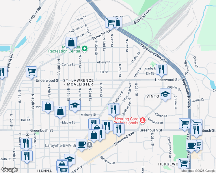 map of restaurants, bars, coffee shops, grocery stores, and more near 2206 Charles St in Lafayette