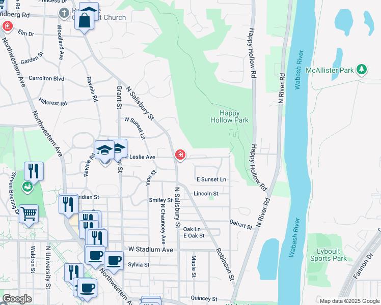 map of restaurants, bars, coffee shops, grocery stores, and more near 1200 North Salisbury Street in West Lafayette