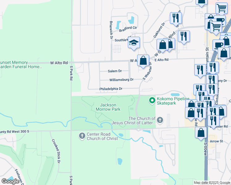 map of restaurants, bars, coffee shops, grocery stores, and more near Boston Drive in Kokomo