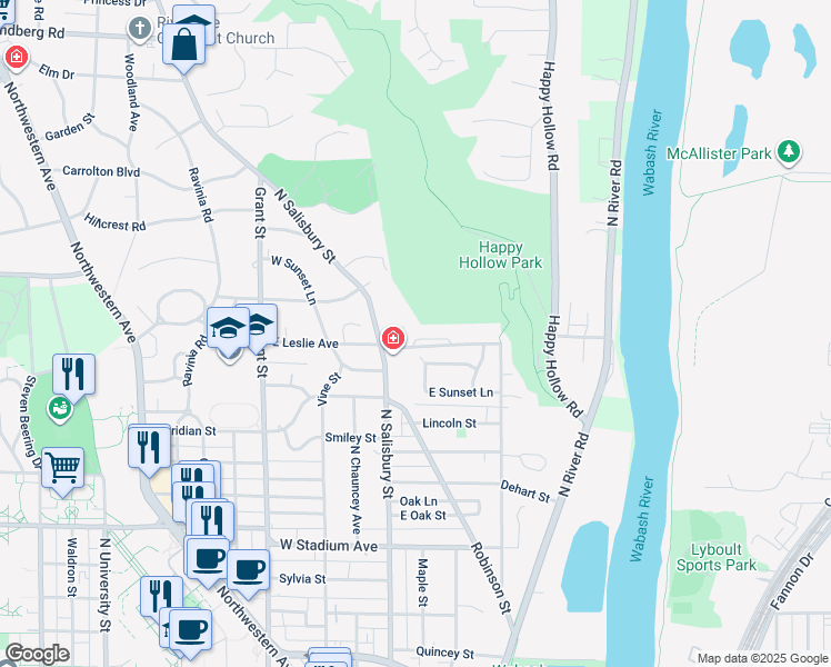 map of restaurants, bars, coffee shops, grocery stores, and more near 1200 North Salisbury Street in West Lafayette