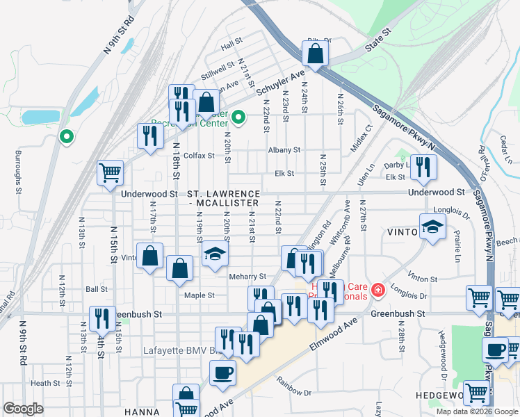 map of restaurants, bars, coffee shops, grocery stores, and more near 2108 Charles St in Lafayette