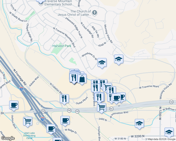 map of restaurants, bars, coffee shops, grocery stores, and more near 4001 Heatherfield Lane North in Lehi