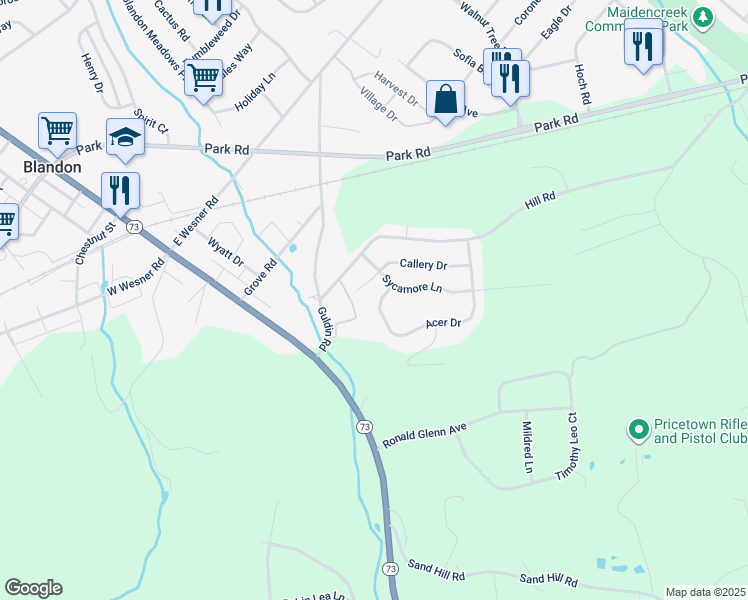 map of restaurants, bars, coffee shops, grocery stores, and more near 451 Acer Drive in Blandon