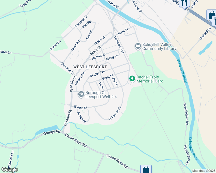 map of restaurants, bars, coffee shops, grocery stores, and more near 521 Pine Street in Leesport