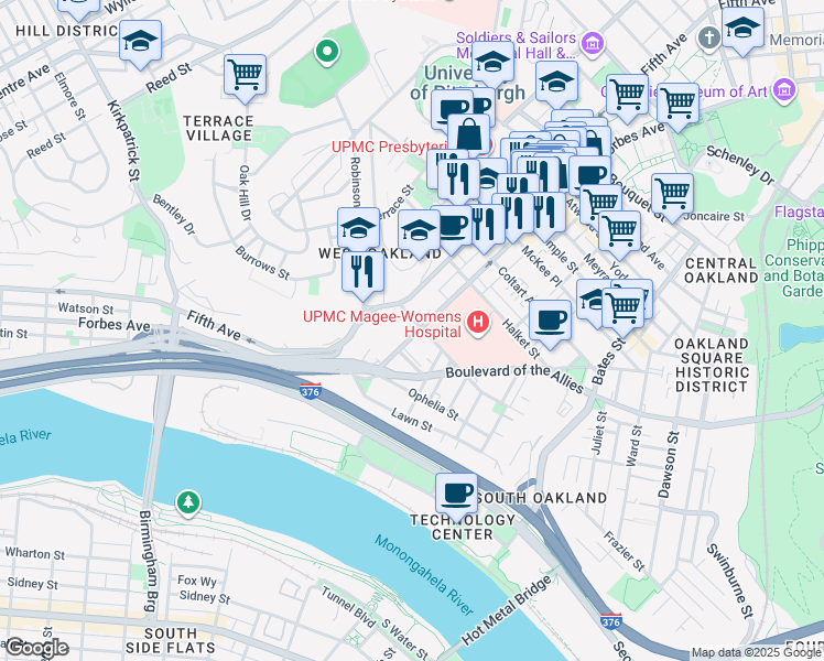 map of restaurants, bars, coffee shops, grocery stores, and more near 120 Craft Avenue in Pittsburgh