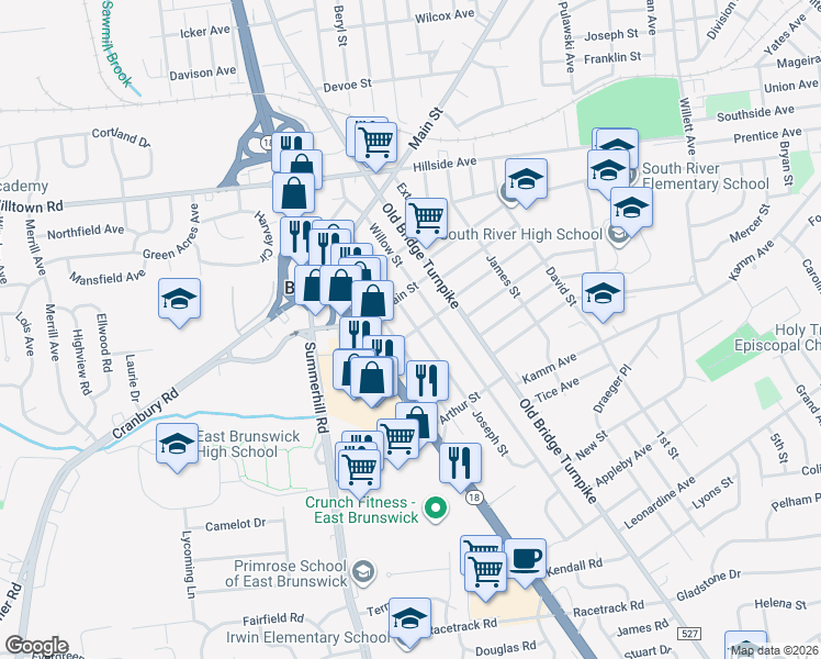 map of restaurants, bars, coffee shops, grocery stores, and more near 179 Joseph Street in East Brunswick