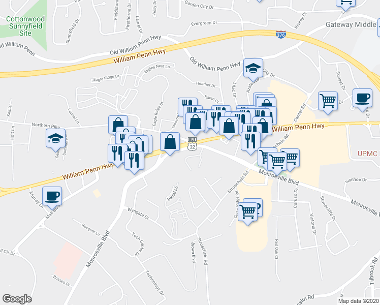 map of restaurants, bars, coffee shops, grocery stores, and more near 3936 Monroeville Blvd in Monroeville