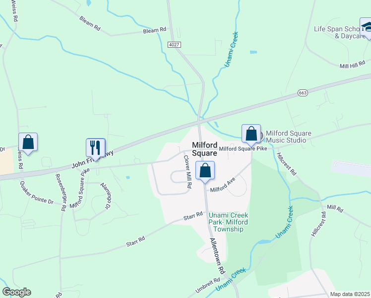 map of restaurants, bars, coffee shops, grocery stores, and more near 2134 Milford Square Pike in Quakertown