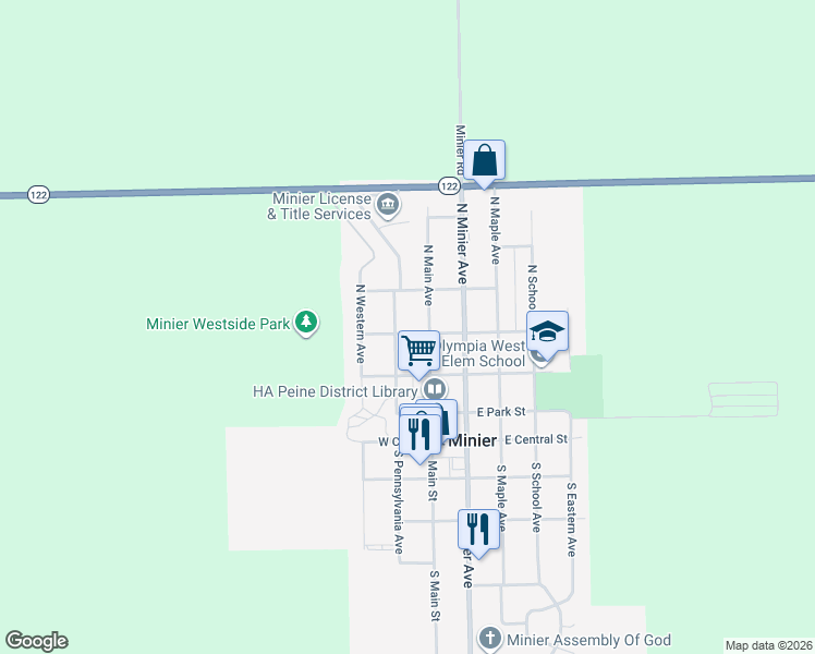 map of restaurants, bars, coffee shops, grocery stores, and more near 207 West Lasalle Street in Minier