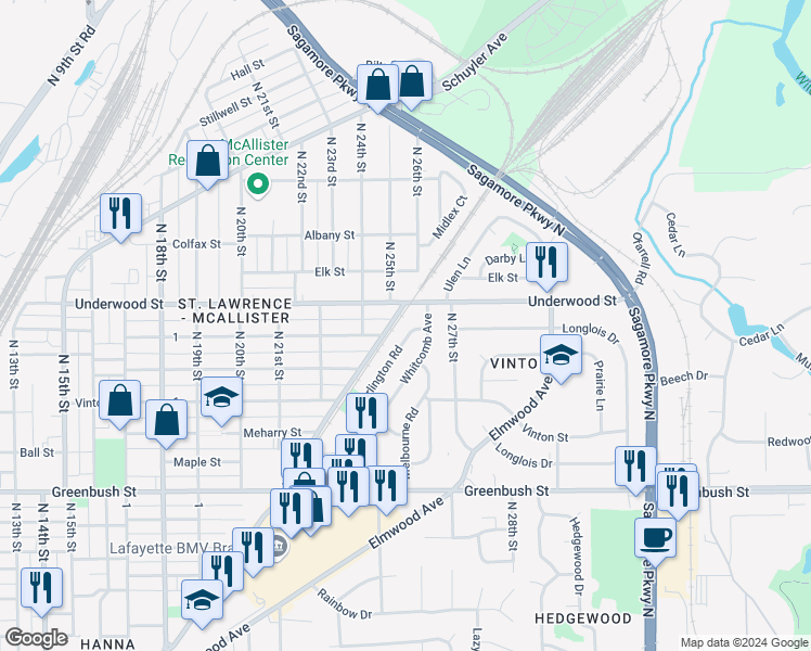 map of restaurants, bars, coffee shops, grocery stores, and more near 1912 Arlington Road in Lafayette
