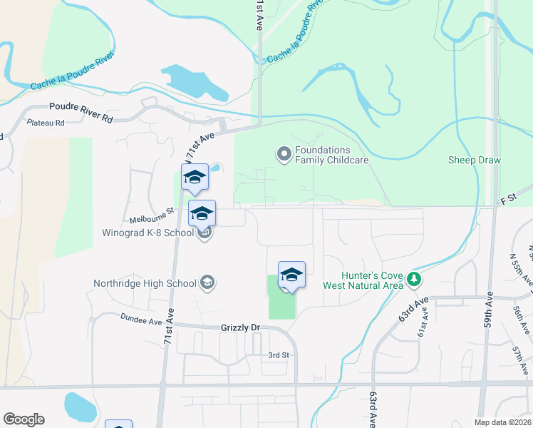 map of restaurants, bars, coffee shops, grocery stores, and more near 6615 West C Street in Greeley