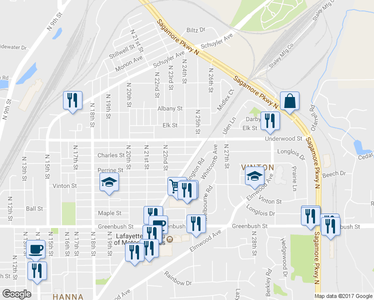 map of restaurants, bars, coffee shops, grocery stores, and more near 2402 Charles St in Lafayette