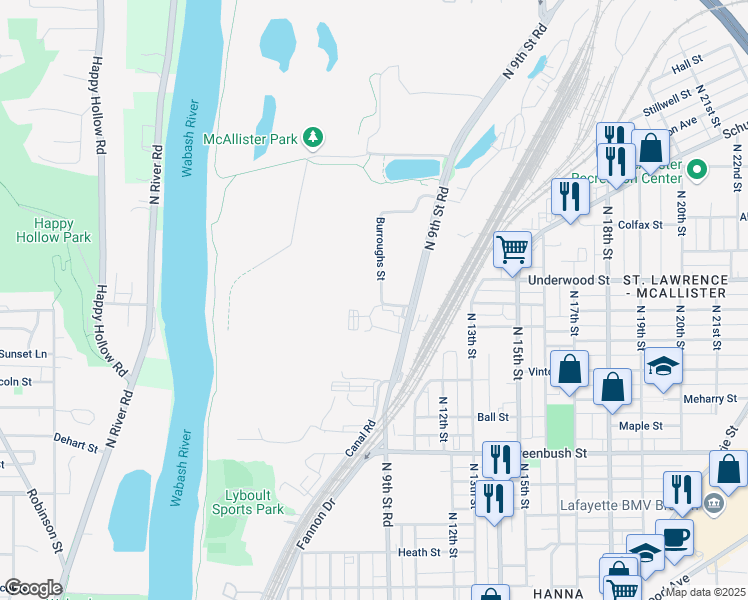map of restaurants, bars, coffee shops, grocery stores, and more near 806 Burroughs Street in Lafayette