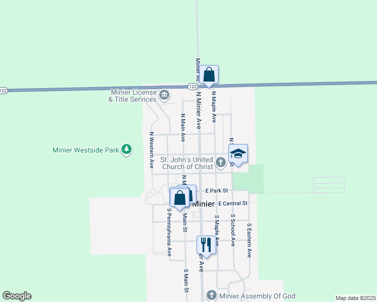 map of restaurants, bars, coffee shops, grocery stores, and more near 402 N Main Ave in Minier