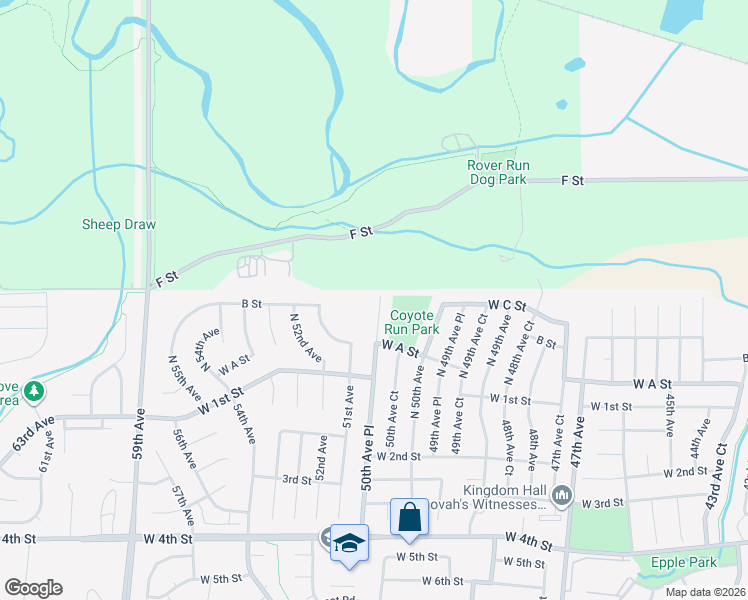 map of restaurants, bars, coffee shops, grocery stores, and more near 325 North 50th Avenue Place in Greeley