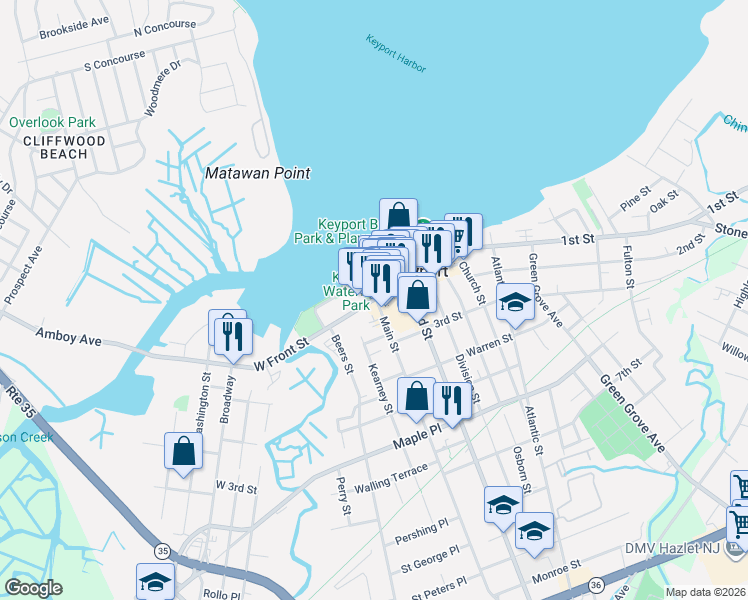 map of restaurants, bars, coffee shops, grocery stores, and more near 41 West Front Street in Keyport