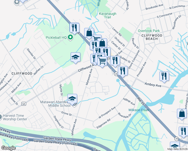 map of restaurants, bars, coffee shops, grocery stores, and more near 324A Matawan Avenue in Aberdeen Township