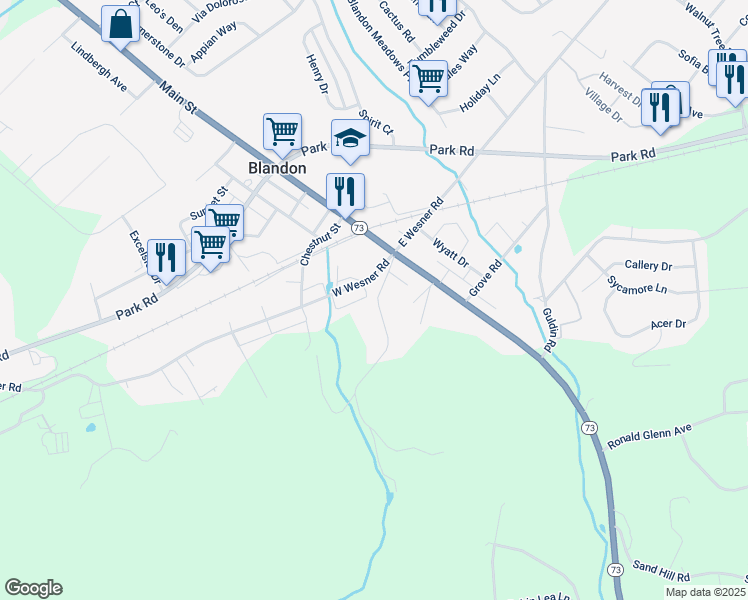 map of restaurants, bars, coffee shops, grocery stores, and more near 36 Mountain Spring Road in Blandon