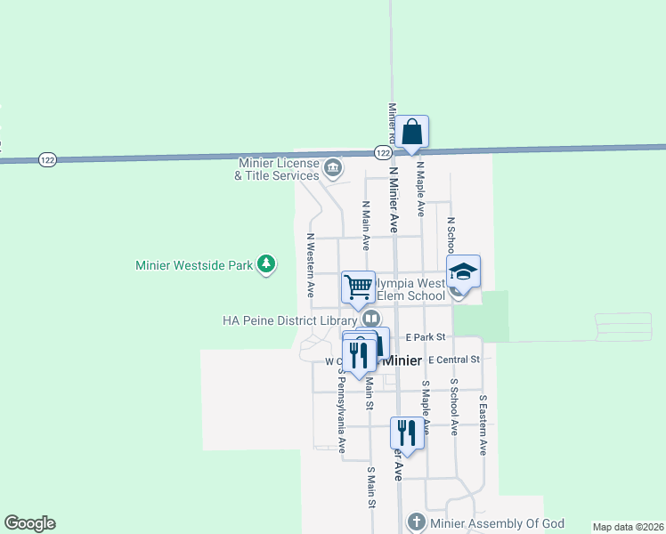 map of restaurants, bars, coffee shops, grocery stores, and more near 207 West Lasalle Street in Minier