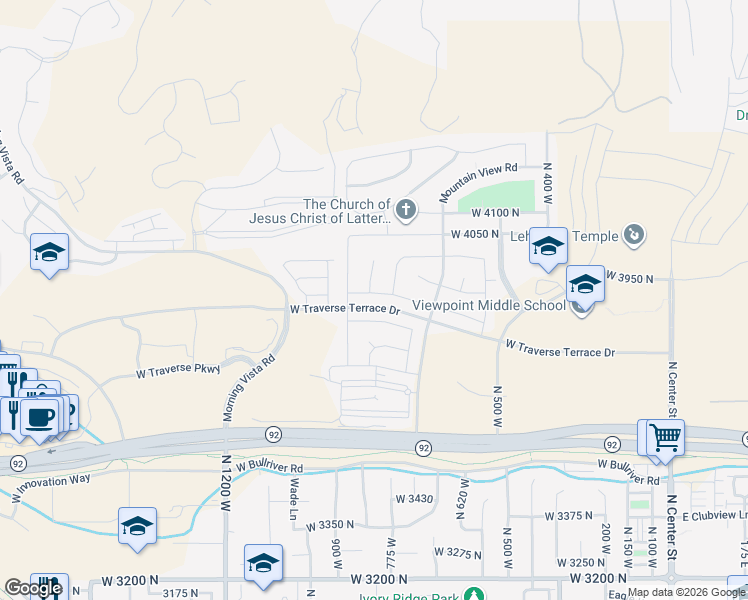 map of restaurants, bars, coffee shops, grocery stores, and more near 841 Horizon Drive in Lehi