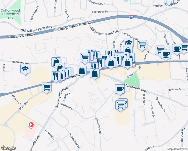 map of restaurants, bars, coffee shops, grocery stores, and more near 3936 Monroeville Boulevard in Monroeville