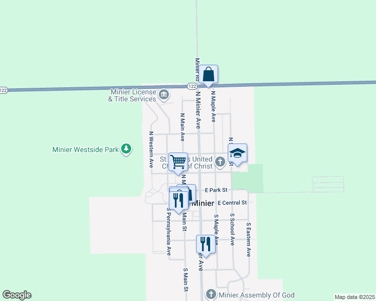 map of restaurants, bars, coffee shops, grocery stores, and more near 402 N Main Ave in Minier