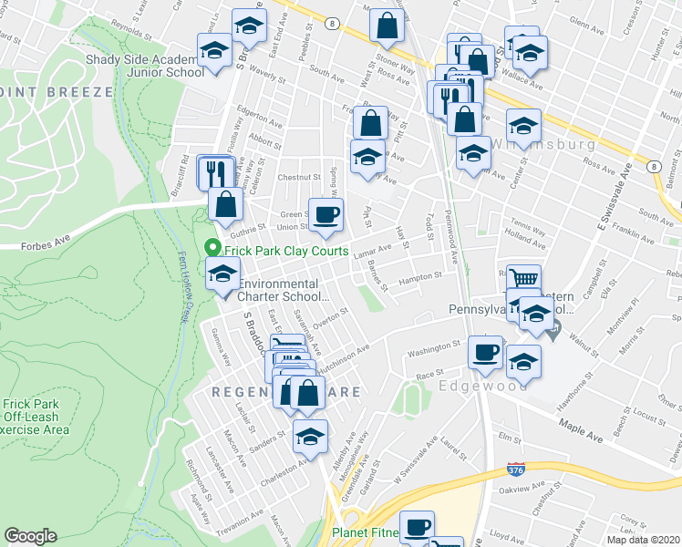 map of restaurants, bars, coffee shops, grocery stores, and more near 831 South Trenton Avenue in Pittsburgh