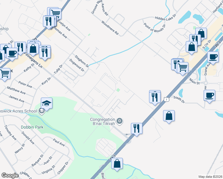 map of restaurants, bars, coffee shops, grocery stores, and more near 19 Petunia Drive in North Brunswick Township