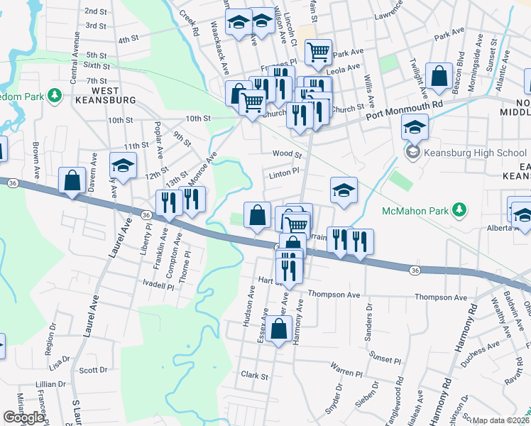 map of restaurants, bars, coffee shops, grocery stores, and more near 95 Leroy Place in Keansburg