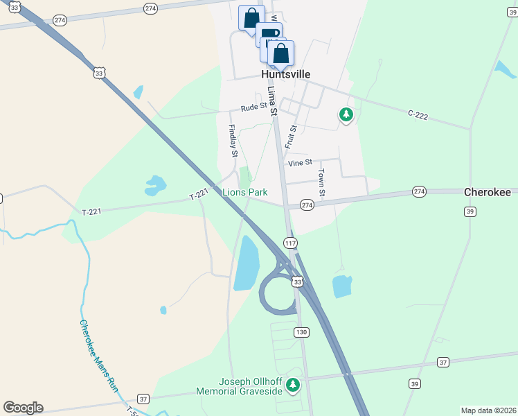 map of restaurants, bars, coffee shops, grocery stores, and more near 3771 Township Road 221 in Huntsville