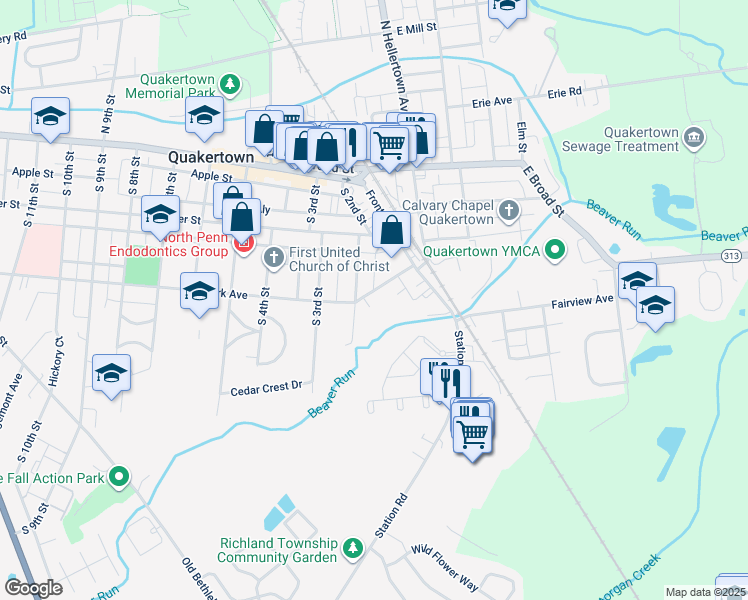 map of restaurants, bars, coffee shops, grocery stores, and more near 152 Park Avenue in Quakertown